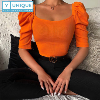 Stretchable Square Neck Puff Sleeve Crop Top 5