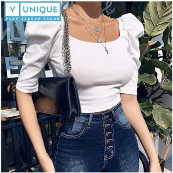 Stretchable Square Neck Puff Sleeve Crop Top 1