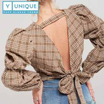 Plaid Backless V-Neck Puff Sleeve Top 1