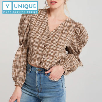 Plaid Backless V-Neck Puff Sleeve Top 2