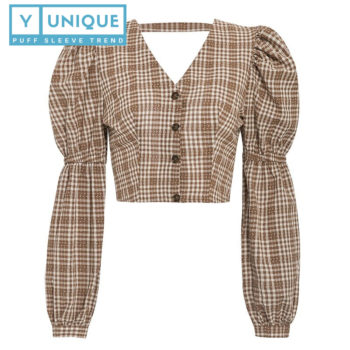 Plaid Backless V-Neck Puff Sleeve Top 6